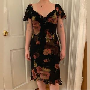 Vintage Black Floral Silk Dress